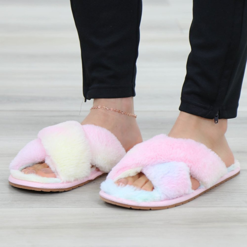 Tie Dye Fuzzy Plush Criss Cross Sandal Sliders - Picture 11 of 16